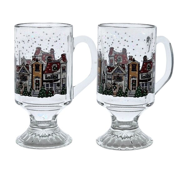 Christmas Village Hot Toddy Mug by Arcoroc 5.5in set-2 townhouses footed cup - Picture 2 of 10